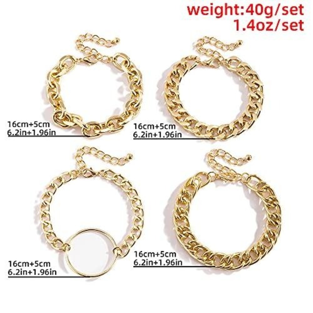 Gold Chunky Chain Bracelet Set 4 Piece Layered Curb Link Statement Jewelry - Picture 3 of 3